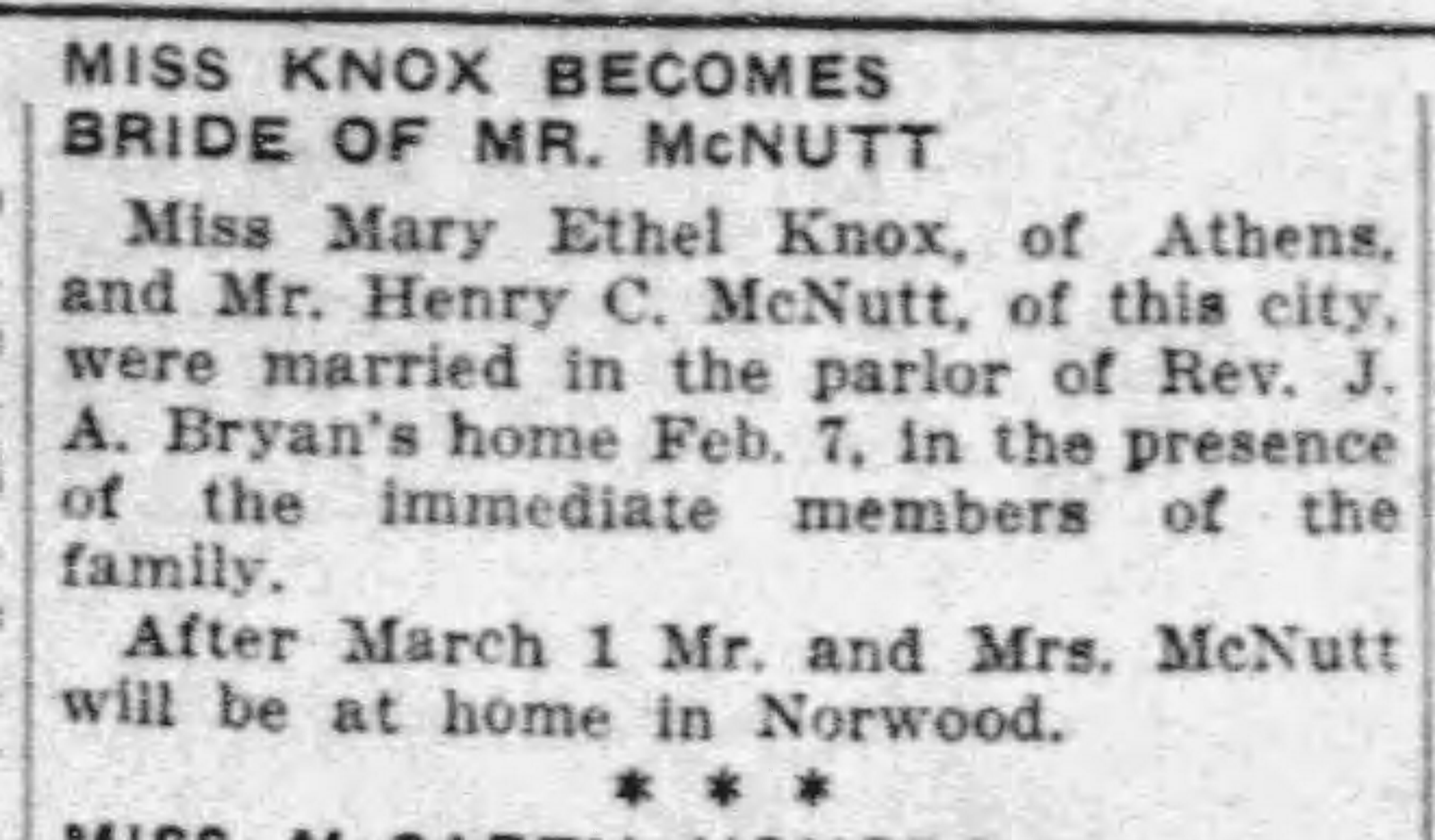 Miss Knox Becomes Bride of Mr. McNutt